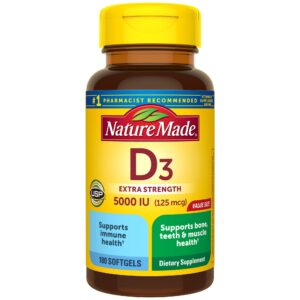 Nature Made Extra Strength Vitamin D3 5000 IU (125 mcg), Dietary Supplement for Bone, Teeth, Muscle and Immune Health Support, 180 Softgels, 180 Day Supply 180 Count (Pack of 1)